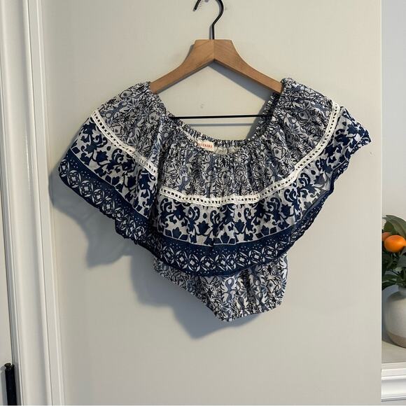 Solitaire Blue Floral Off Shoulder Blouse Top Medium - Picture 8 of 8